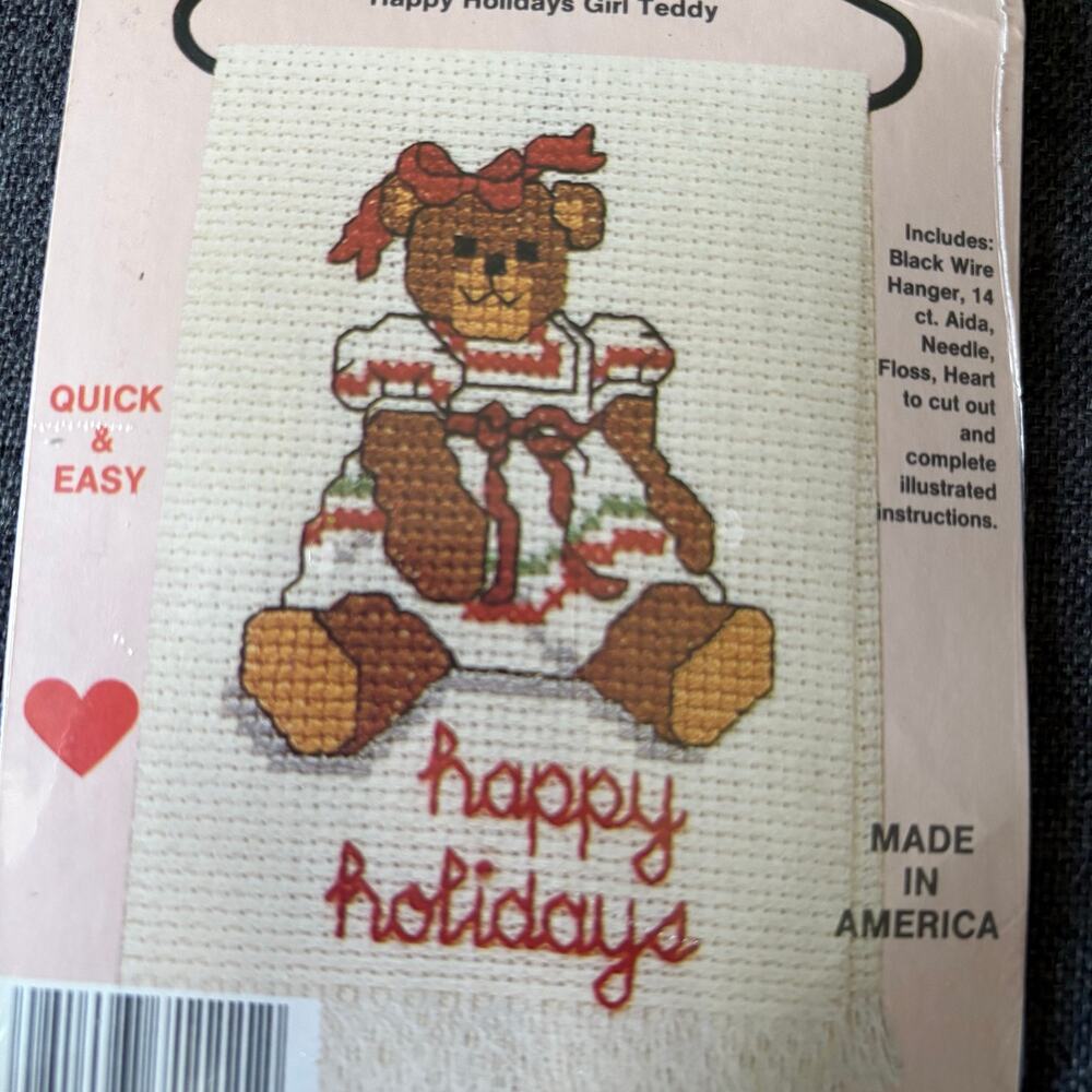 Happy Holidays Girl Teddy Vintage Counted Cross Stitch Kit by Country Wireworks - Picture 2 of 3